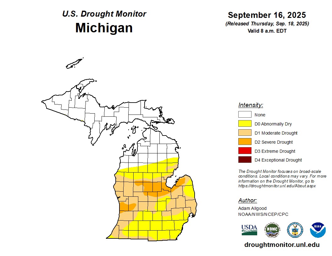 Map of Michigan from the U.S. Drought Monitor dated September 16, 2025 (released September 18, 2025). The Upper Peninsula and northern Lower Peninsula are shown with no drought. Central and southern Michigan display varying drought conditions: yellow areas (D0 – abnormally dry), tan areas (D1 – moderate drought), and orange patches (D2 – severe drought). No extreme (D3) or exceptional (D4) drought is present. Map created by Adam Allgood, NOAA/NWS/NCEP/CPC, with logos from USDA, NDMC, NOAA, and droughtmonitor.unl.edu.